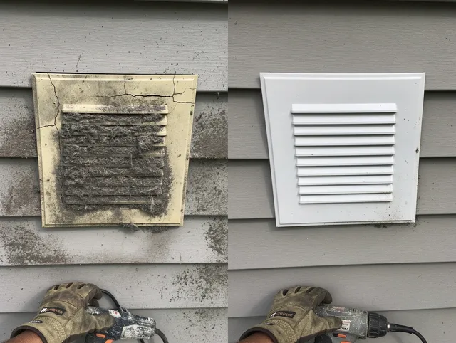 Manhattan Beach Dryer Vent Cleaning technician installing high-quality dryer vent cover at a residential property in Manhattan Beach