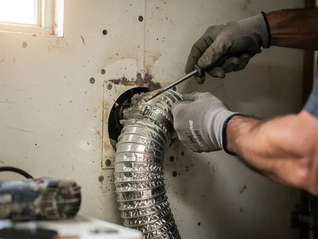 Manhattan Beach Dryer Vent Cleaning technician performing precise dryer vent hose installation in Manhattan Beach